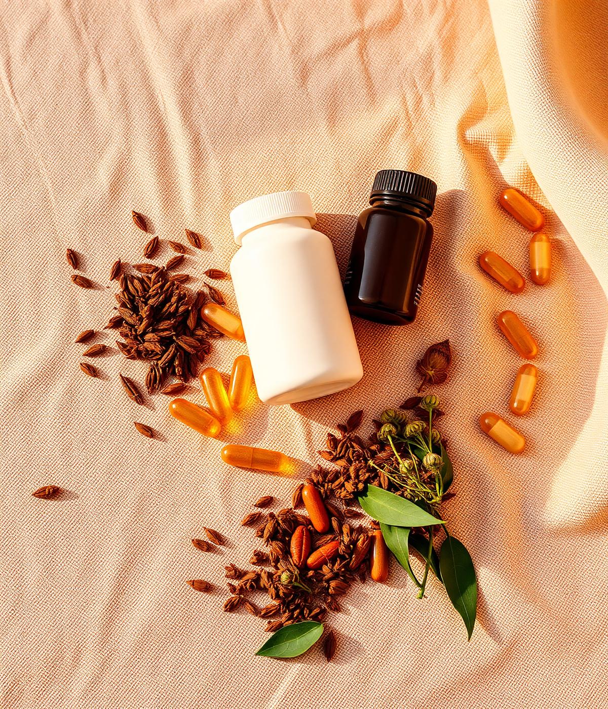 Nutraceutical capsules with botanical herbs on warm linen